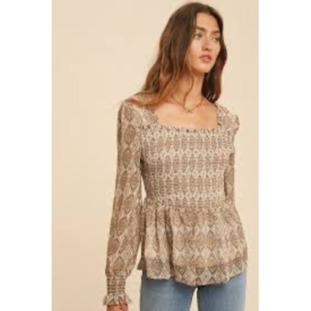 In Loom Peplum Blouse Womens Small Brown Paisley Smocked Square Neck Long Sleeve